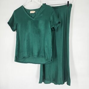 Nation LTD Green Midi Slip Skirt Short Sleeve Blouse Set 2 Piece Size S